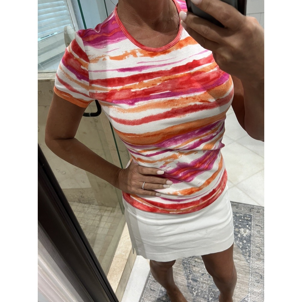 Lauren Ralph Lauren Womens Tie Dye Stripe T Shirt Top Pink Orange Crew Neck L